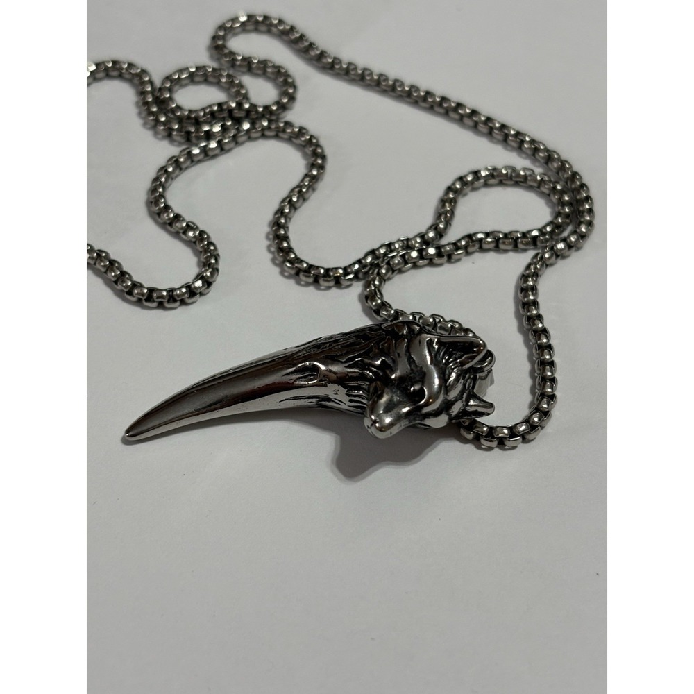 Stainless Steel High End Wolf Head And Fangs Necklace Chain, Silver Tone, 12 In